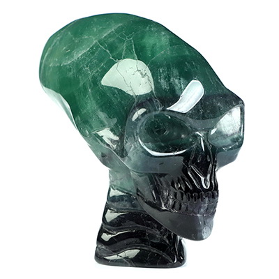 3.5" Fluorite Hand Carved Crystal Elongated Mayan Alien Skull with Spine Sculpture, Crystal Healing