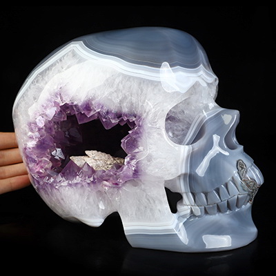 Lifesized 8.3" Agate Amethyst Geode Hand Carved Crystal Skull, Super Realistic, Crystal Healing