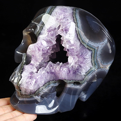 Lifesized 6.3" Agate Amethyst Geode Hand Carved Crystal Skull, Super Realistic, Crystal Healing