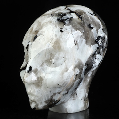 4.1" Black Tourmaline and Moonstone Hand Carved Fairy Elf Alien Crystal Skull Companion Sculpture, Crystal Healing