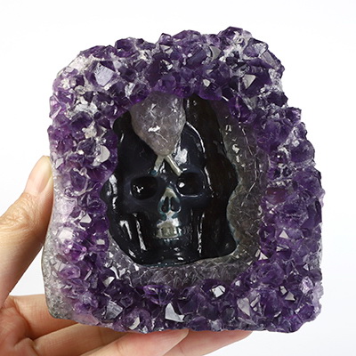 3.8" Agate Amethyst Druse Hand Carved Crystal Skull Fine Art Sculpture, Crystal Healing