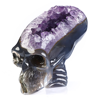 4.9" Agate Amethyst Geode Hand Carved Crystal Elongated Mayan Alien Skull with Spine Sculpture, Crystal Healing