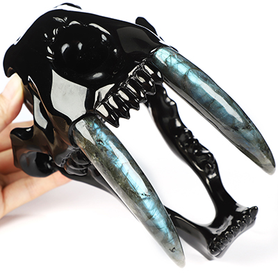 8.0" Black Obsidian Hand Carved Crystal Smilodon SABER-TOOTHED Tiger/Cat Skull and Labradorite Tooth Sculpture