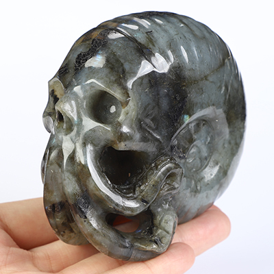 3.4" Labradorite Hand Carved Nautiloid Cthulhu Crystal Skull Sculpture, Crystal Healing