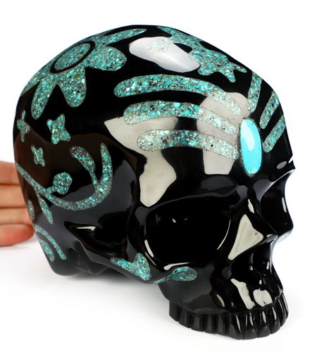 6.9" Black Obsidian Hand Carved Jawless Crystal Skull with Malachite and Turquoise Inlay, Crystal Healing