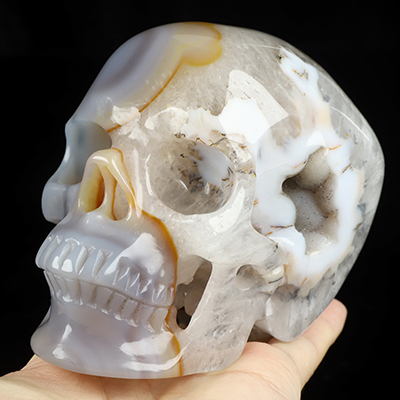 4.4" Agate Geode Hand Carved Crystal Skull, Super Realistic, Crystal Healing