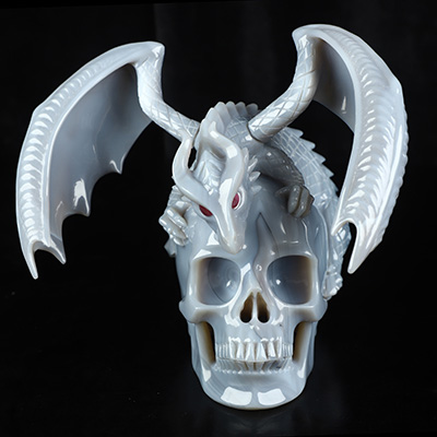7.9" Premium Brazilian Agate Hand Carved Crystal Skull and Dragon with Detachable Wings and Ruby Eye Fine Art Sculpture, Crystal Healing