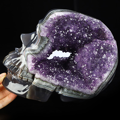 July 1, 2026 ACSAD (A Crystal Skull a Day) - The Midnight Mist - Lifesized 8.0" Agate Amethyst Geode Hand Carved Crystal Skull, Super Realistic, Crystal Healing