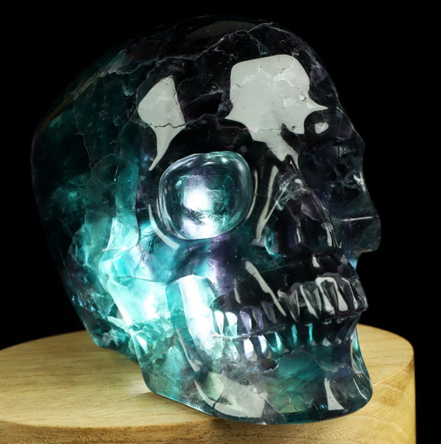 5.0" Fluorite Hand Carved Hollow Crystal Skull Lamp/Light, Super Realistic, Crystal Healing