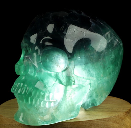 5.0" Fluorite Hand Carved Hollow Crystal Skull Lamp/Light with Led Stand, Super Realistic, Crystal Healing