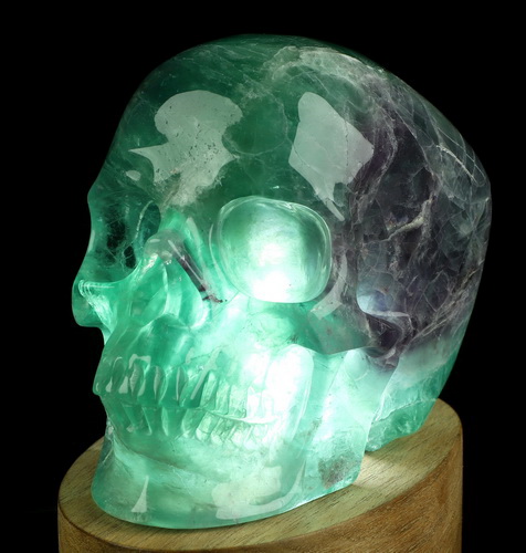 5.0" Fluorite Hand Carved Hollow Crystal Skull Lamp with Led Stand, Super Realistic, Crystal Healing