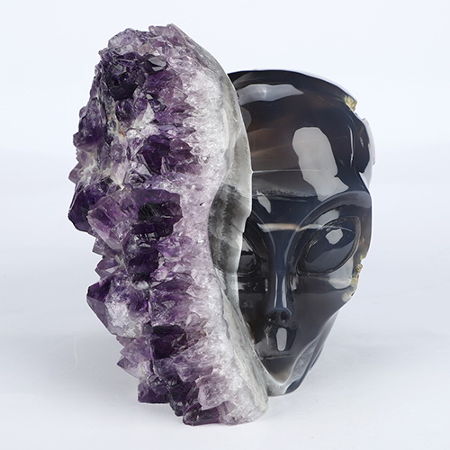 5.2" Agate Amethyst Druse Hand Carved Alien Crystal Skull Companion Sculpture, Crystal Healing