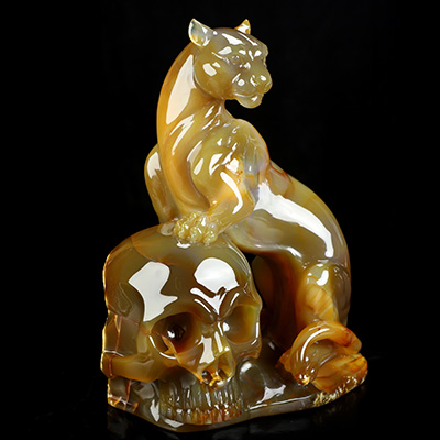 Shadow over Skull - 7.4" Premium Brazilian Agate Hand Carved Crystal Skull and Leopard Fine Art Sculpture, Crystal Healing