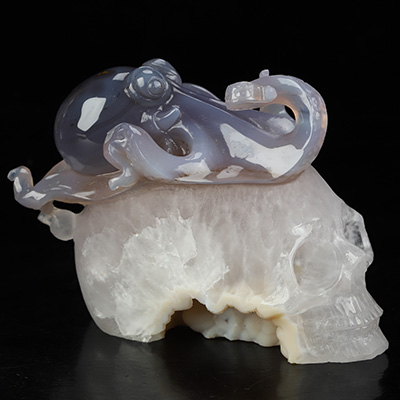 4.7" Agate Geode Hand Carved Crystal Skull and Octopus Sculpture, Crystal Healing