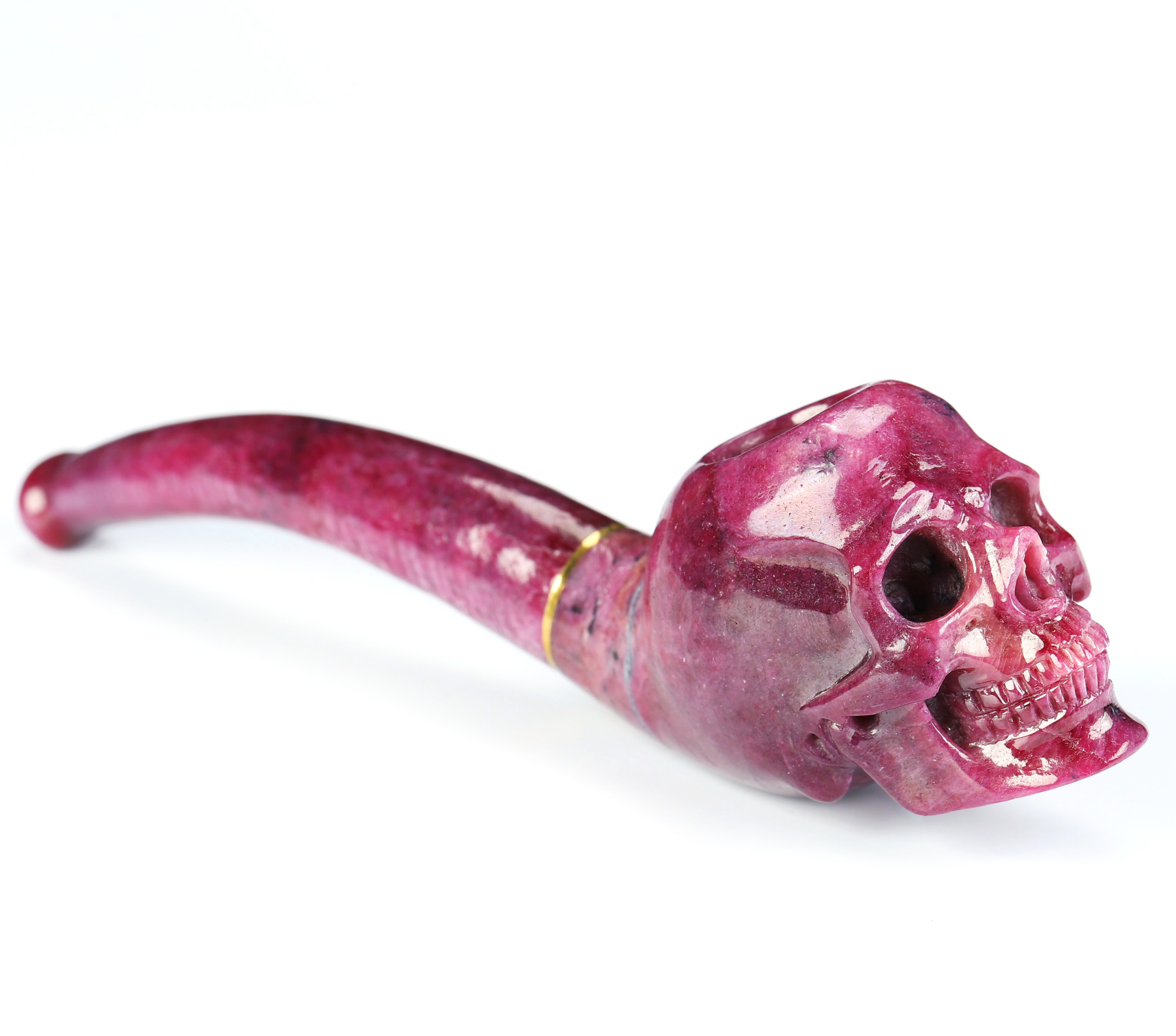 Cuddle of Cheesy Curdle - 5.6" Ruby Hand Carved Crystal Skull Pipe, 18k Gold Buckle, Crystal Healing