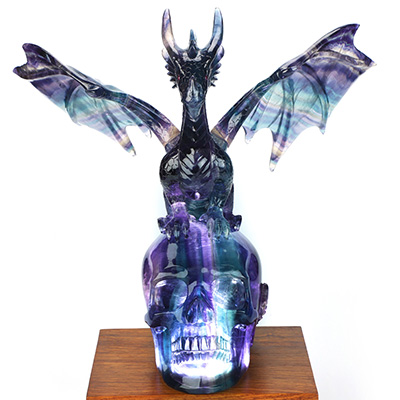 Skull's Scaly Sentinel -10.8" Fluorite Hand Carved Hollow Crystal Skull and Dragon Fine Art Sculpture Lamp/Light, Crystal Healing
