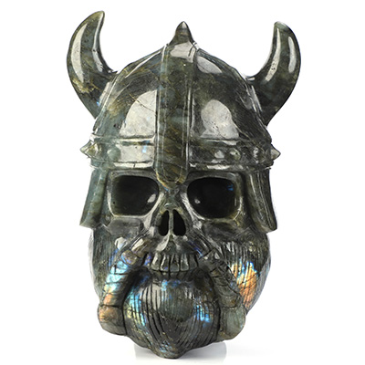 Viking Skull, 6.7" Labradorite Hand Carved Crystal Skull Fine Art Sculpture, Crystal Healing