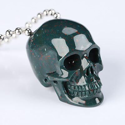 Necklace of 1.4" Bloodstone Hand Carved Crystal Skull Pendant, Skull Jewelry