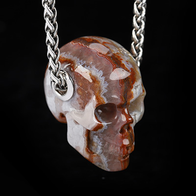 Gemstone Necklace of 1.1" Red Crazy Lace Agate Hand Carved Crystal Skull Pendant, Skull Jewelry