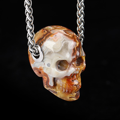 Necklace of 1.1" Red Crazy Lace Agate Hand Carved Crystal Skull Pendant, Skull Jewelry