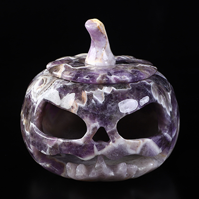 5.0" Dream Chevron Amethyst Hand Carved Hollow Pumpkin Crystal Skull Sculpture, Crystal Healing