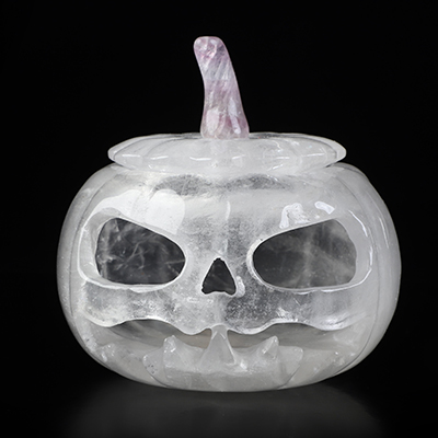 4.5" Quartz Rock Crystal Hand Carved Hollow  Pumpkin Crystal Skull Sculpture, Crystal Healing