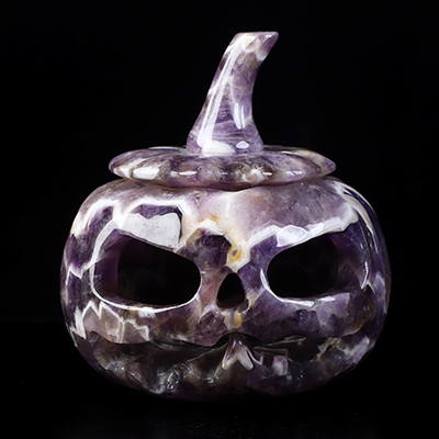 4.5" Dream Chevron Amethyst Hand Carved Hollow Pumpkin Crystal Skull Sculpture, Crystal Healing
