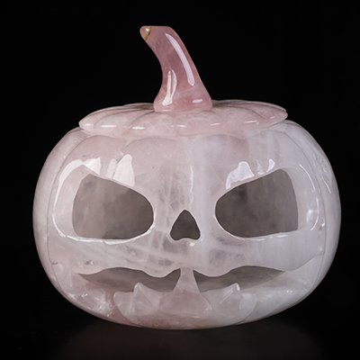 5.0" Rose Quartz Hand Carved Hollow Pumpkin Crystal Skull Sculpture, Crystal Healing