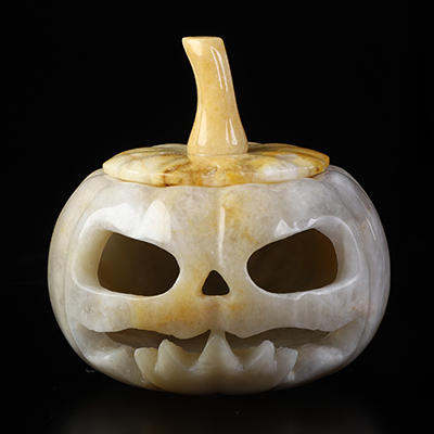 4.5" Beeswax Jade Hand Carved Hollow Pumpkin Crystal Skull Sculpture, Crystal Healing