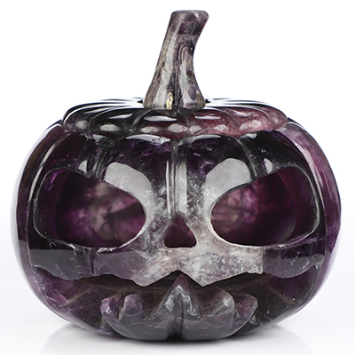 5.0" Fluorite Hand Carved Hollow Pumpkin Crystal Skull Sculpture, Crystal Healing