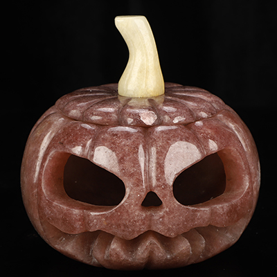 5.0" Strawberry Quartz Hand Carved Hollow Pumpkin Crystal Skull Sculpture, Crystal Healing