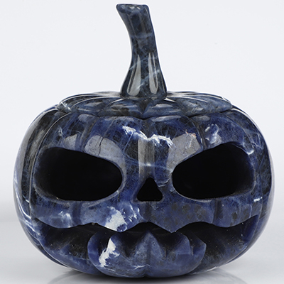 3.9" Sodalite Hand Carved Hollow Pumpkin Crystal Skull Sculpture, Crystal Healing