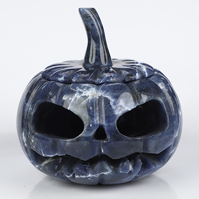 3.9" Sodalite Hand Carved Hollow Pumpkin Crystal Skull Sculpture, Crystal Healing