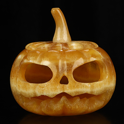 3.9" Beeswax Jade Hand Carved Hollow Pumpkin Crystal Skull Sculpture, Crystal Healing