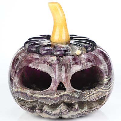 3.9" Fluorite Hand Carved Hollow Pumpkin Crystal Skull Sculpture, Crystal Healing