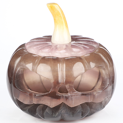 3.9" Fluorite Hand Carved Hollow Pumpkin Crystal Skull Sculpture, Crystal Healing