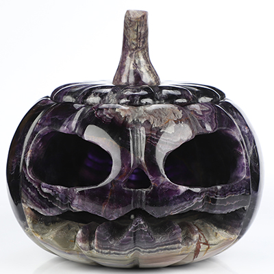 5.0" Fluorite Hand Carved Hollow Pumpkin Crystal Skull Sculpture, Crystal Healing