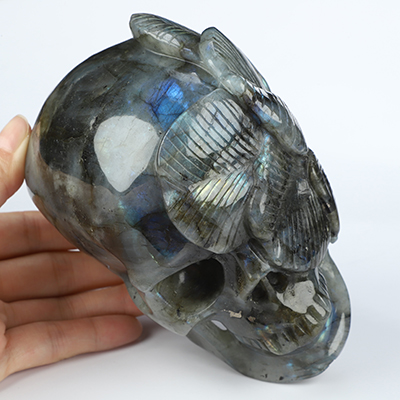 4.9" Labradorite Hand Carved Crystal Skull and Flower Fine Art Sculpture, Crystal Healing
