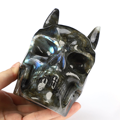 4.9" Labradorite Hand Carved Batman Crystal Skull Fine Art Sculpture, Crystal Healing
