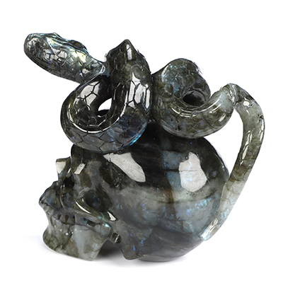 5.5" Labradorite Hand Carved Crystal Skull and Snake Sculpture, Crystal Healing