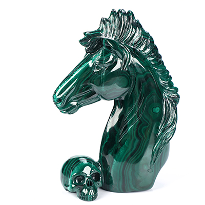 Gemstone 6.5" Malachite Hand Carved Crystal Horse and Skull Fine Art Sculpture, Crystal Healing