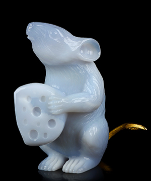 3.5" Blue Chalcedony Hand Carved Crystal Mouse and 18K Gold Plated 925 Silver Tail, Crystal Healing