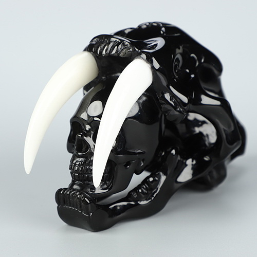 5.1" Black Obsidian Hand Carved Crystal Smilodon SABER-TOOTHED Tiger/Cat Skull and White Jade Tooth Sculpture