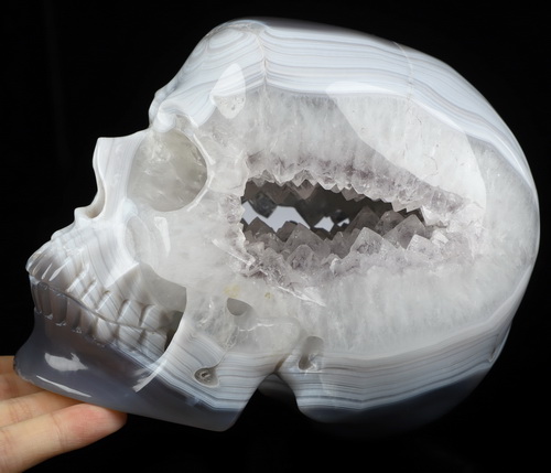 5.9" Agate Geode Hand Carved Crystal Skull, Super Realistic, Crystal Healing