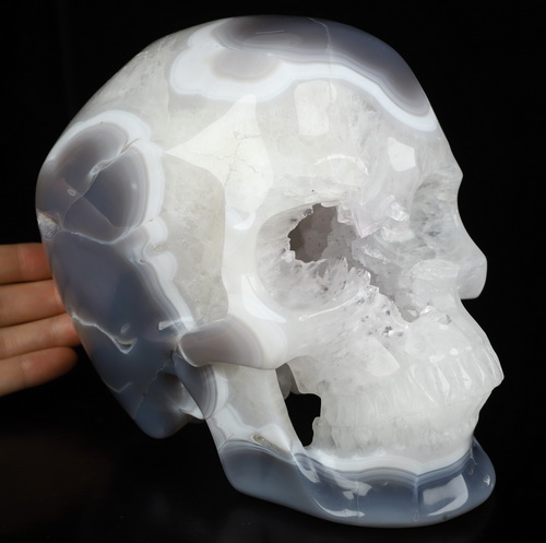 Lifesized 7.3" Agate Geode Hand Carved Crystal Skull, Super Realistic, Crystal Healing