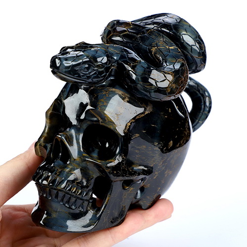5.1" Blue & Gold Tiger's Eye Hand Carved Crystal Skull and Snake Sculpture, Crystal Healing