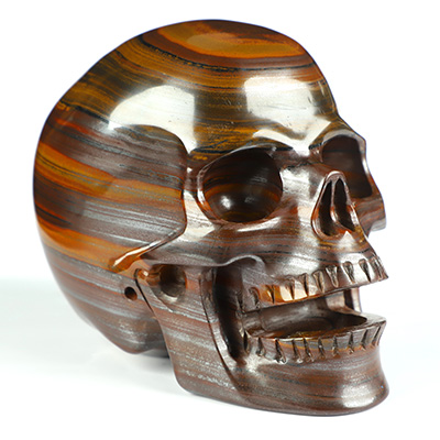 5.1" Tiger Iron Eye Hand Carved Singing Crystal Skull Sculpture, Crystal Healing