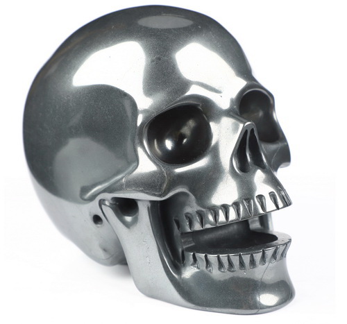 5.0" Hematite Hand Carved Singing Crystal Skull Sculpture, Crystal Healing