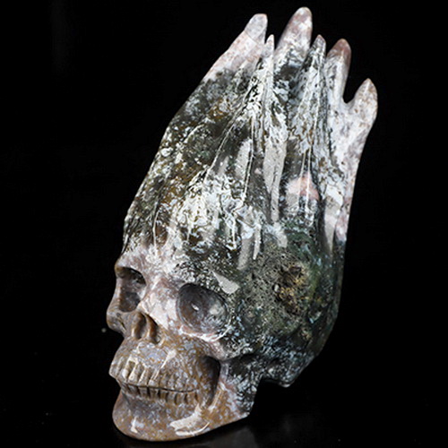4.2" Tree Agate Hand Carved Flaming Crystal Skull, Crystal Healing
