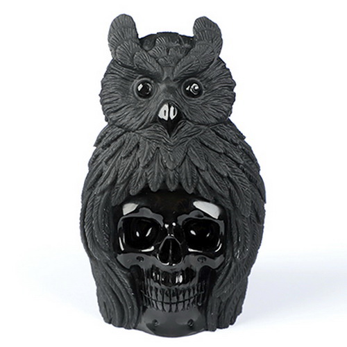 3.9" Black Obsidian Hand Carved Crystal Skull and Owl Sculpture, Crystal Healing